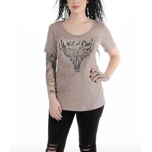 Liberty Wear Women s New Tee Shirt 3XL  Mocha Wild and Free Skull  Graphic